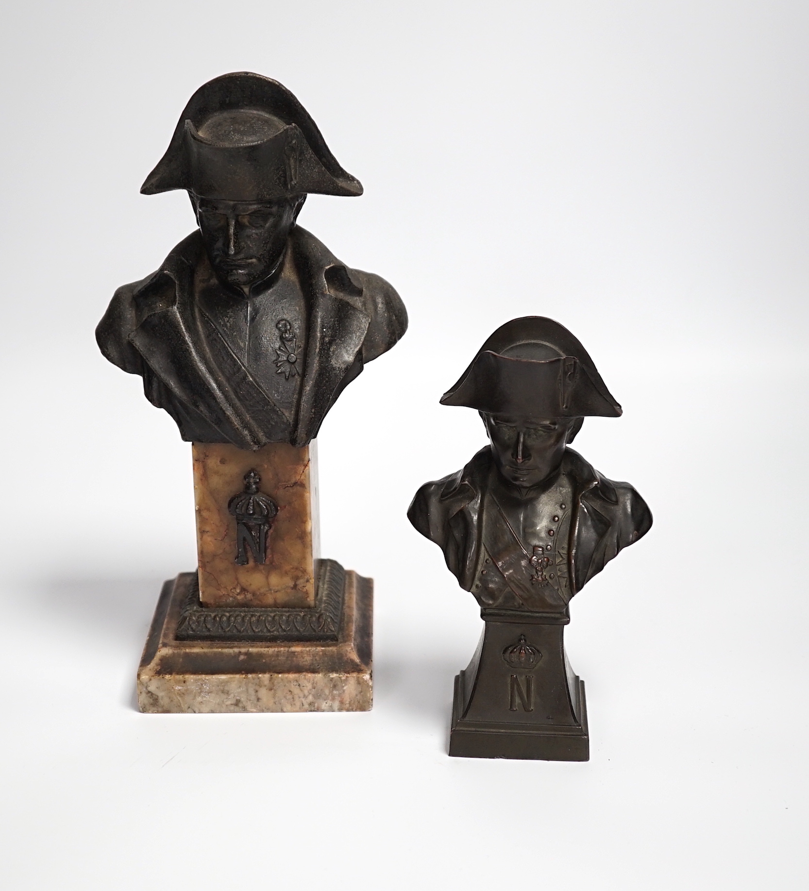 Two spelter busts of Napoleon, tallest 24cm high